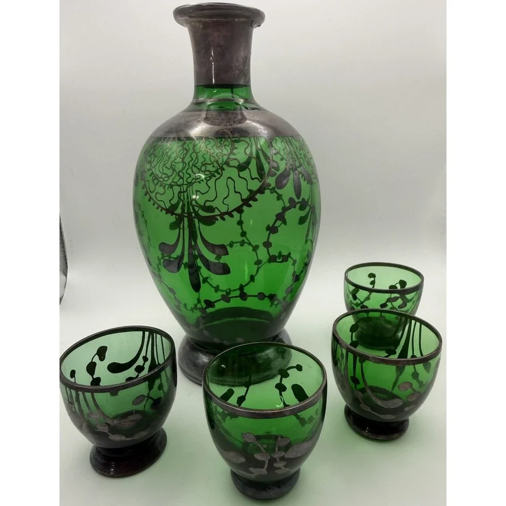 VTG Italian Emerald Green Glass Decanter & Glasses Silver Overlay Florence Italy